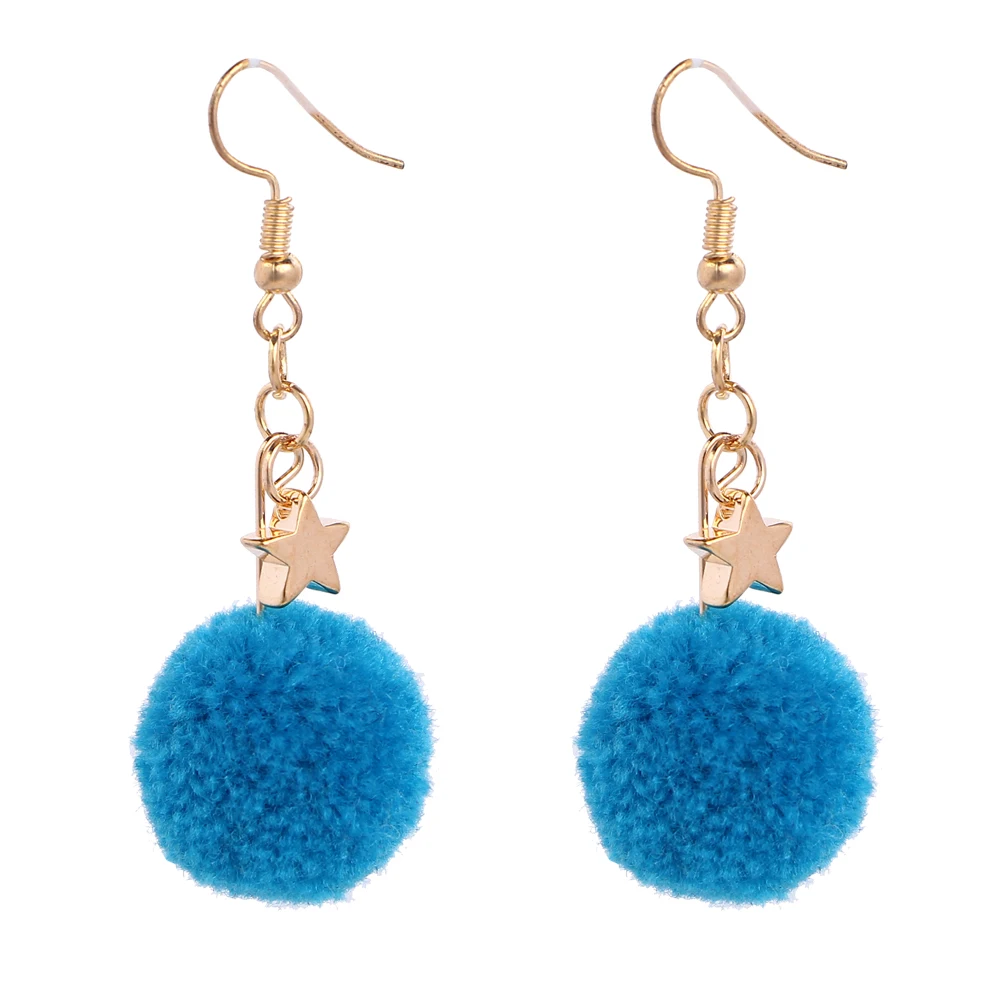 Sweety Cute Pompon Earrings For Women Alloy Star Fluffy Fur Ball Dangle