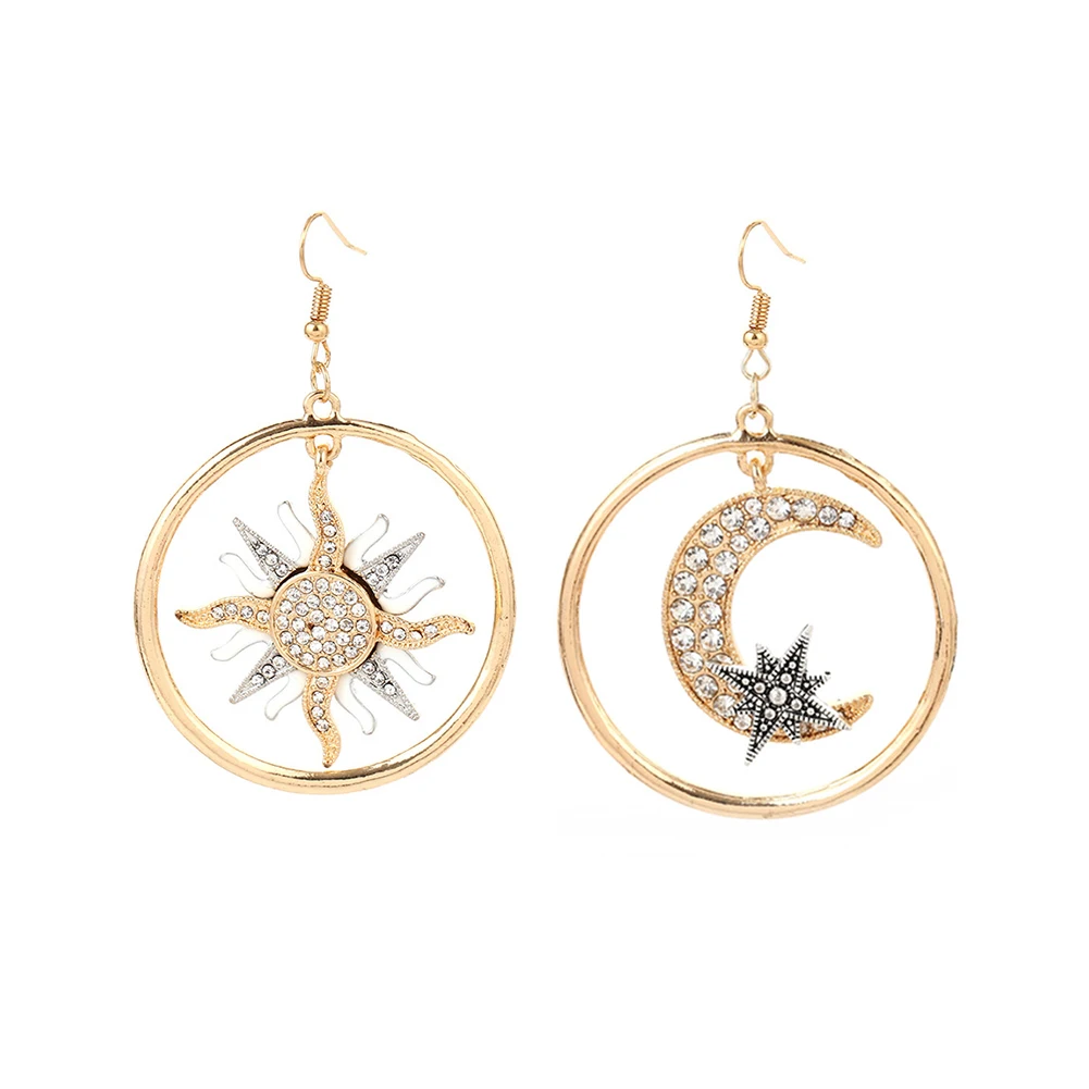 

Boho Moon Sun Hoop Charm Dangle Long Pendant Asymmetric Hook Earrings Jewelry