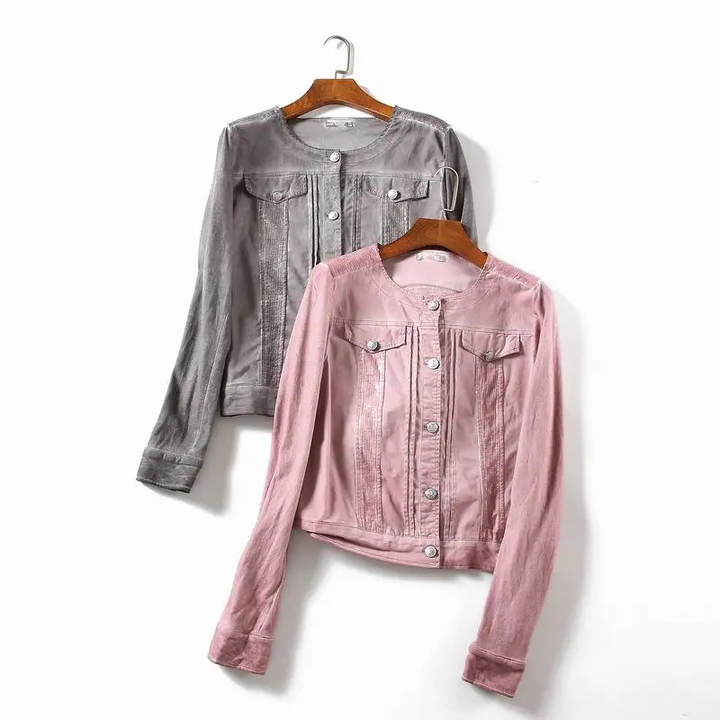 

Blouses Woman 2019 Spring Autumn Chic O-neck Shirt Distressed Washed Denim Cotton Sequined Top Women Fashion Two Colors Vintage