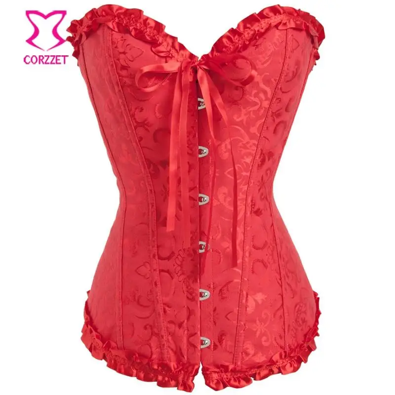 Red Jacquard Lace Up Strapless Bustier Sexy Dance Top Bridal Corset