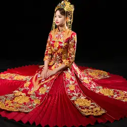 Восточный, Азиатский невесты красоты Китайский традиционный свадебный платье для женщин красный цветочный длинный рукав вышивка Чонсам