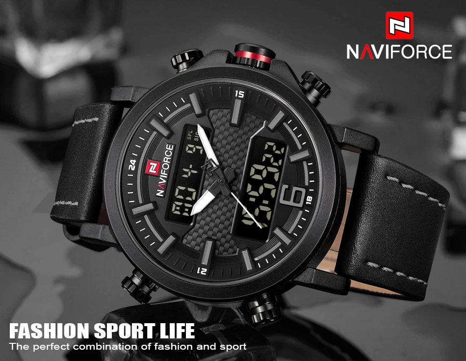 NAVIFORCE мужские спортивные часы мужские кварцевые светодиодный цифровые часы лучший бренд класса люкс мужские модные кожаные водонепроницаемые военные наручные часы