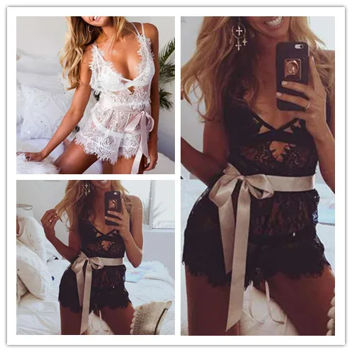 Women Sexy Lace Hollow-out Deep V Sleepwear Black White Costume Dress Full Lace Sleepwear Lingerie Erotic Transparent Underwear