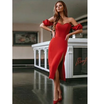 

2018 Elegant Red Short Sleeve Bandage Dress Solid Brief Strapless Off The Shoulder Split Bodycon Sexy New Celebrity Party Dress