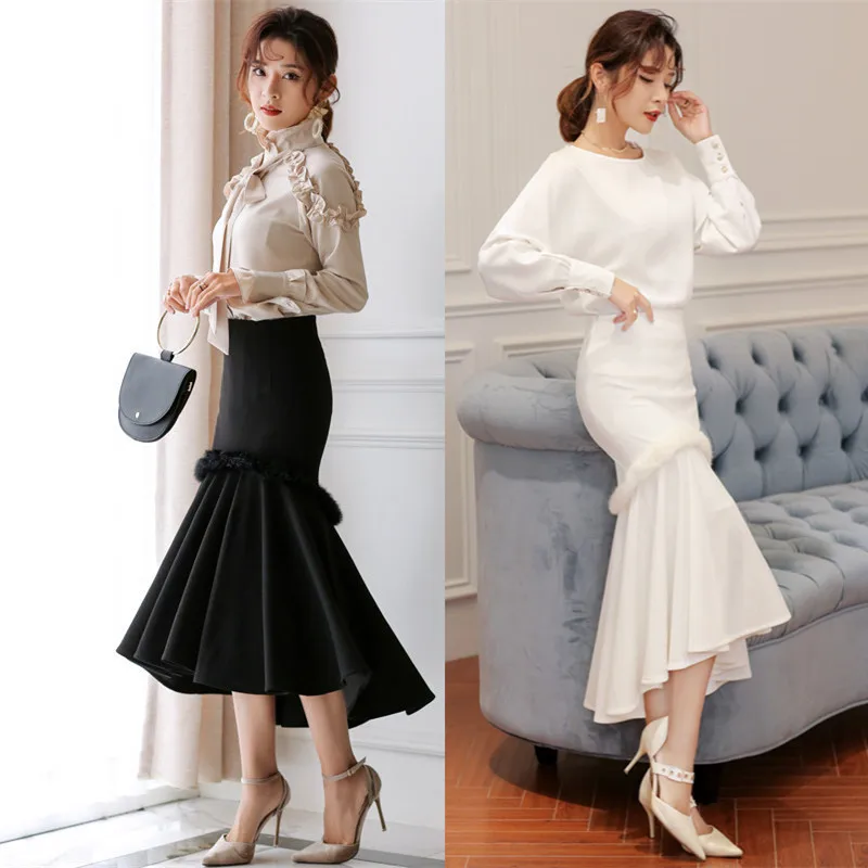 

Free Shipping 2019 Fashion Long Mid-calf Skirt For Women XS-2XL Mermaid Style Stretch Ladies Black And White High Waist Skirts