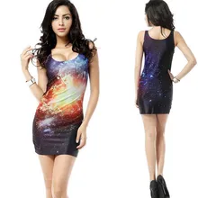 Ucuz Fiyat bayan Galaxy Kozmik Uzay Çanta Hip Elbise Yaz Kolsuz Sıkı Streç Bodycon Mini Tank Elbise