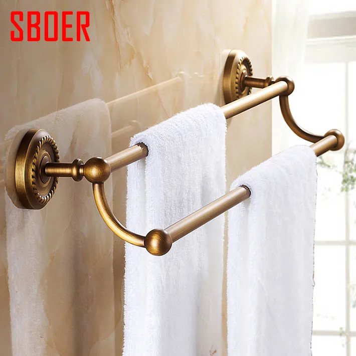 Retro 60 cm Antique Brass Double Towel Bars Art Carved Style Home Decor