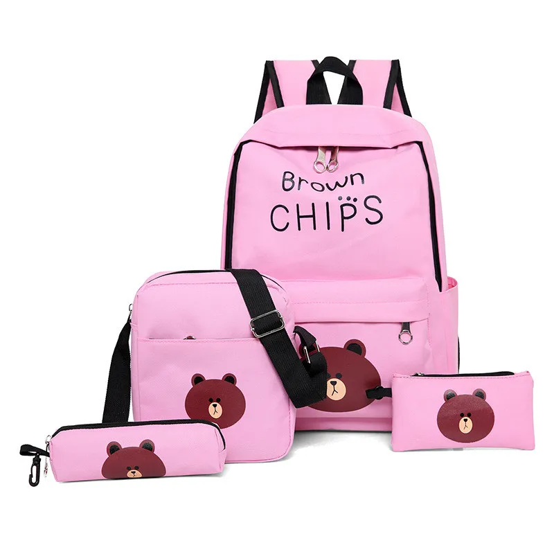 

4Pcs Cute Brown Bear Printing Backpack Women Bookbags For Teenagers Girls School Backpack Set Women Canvas Backpack School Bags