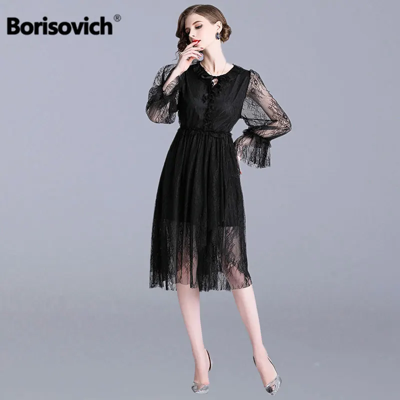 Женское кружевное платье Borisovich черное Повседневное с оборками расклешенными