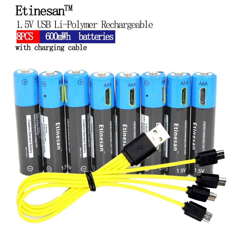 Новый аккумулятор! 8 шт./лот etinesan 1.5 В AAA 600mwh литий-полимерный литий-ионный Перезаряжаемые Батарея с зарядка через USB кабель