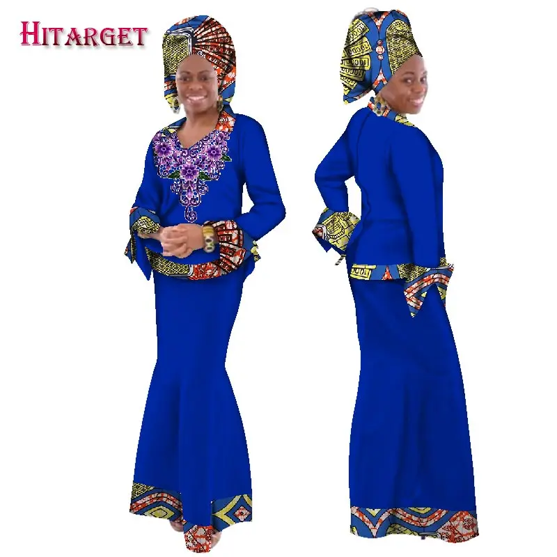 

Traditional Women African Splice Embroidery Tops and Skirt Sets with Head Scarf Clothing African Bazin Dresses for Women WY165