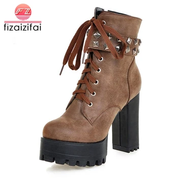 

Coolcept Size 33-48 Women Square High Heel Boots Ladies Rivets Zip Warm Ankle Boots Women'S Shoes Cross Strap Footwear