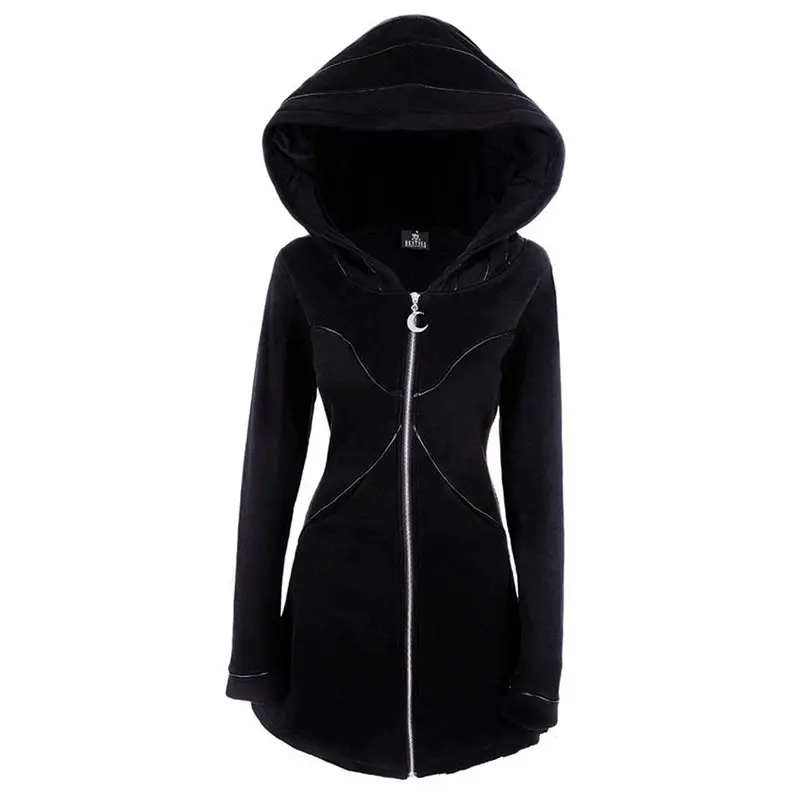 

Gothic Slim Mid Length Hoodies Women Long Sleeves Pocket Hooded Neckline Casual Style Zipper Closure Fall Winter Coats