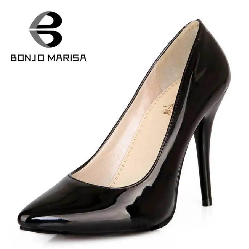 

BONJOMARISA Big Size 34-43 Fashion OL Party Wedding Shoes Sexy Pointed Toe High Heels Less Platform Patent PU Uppers Pumps