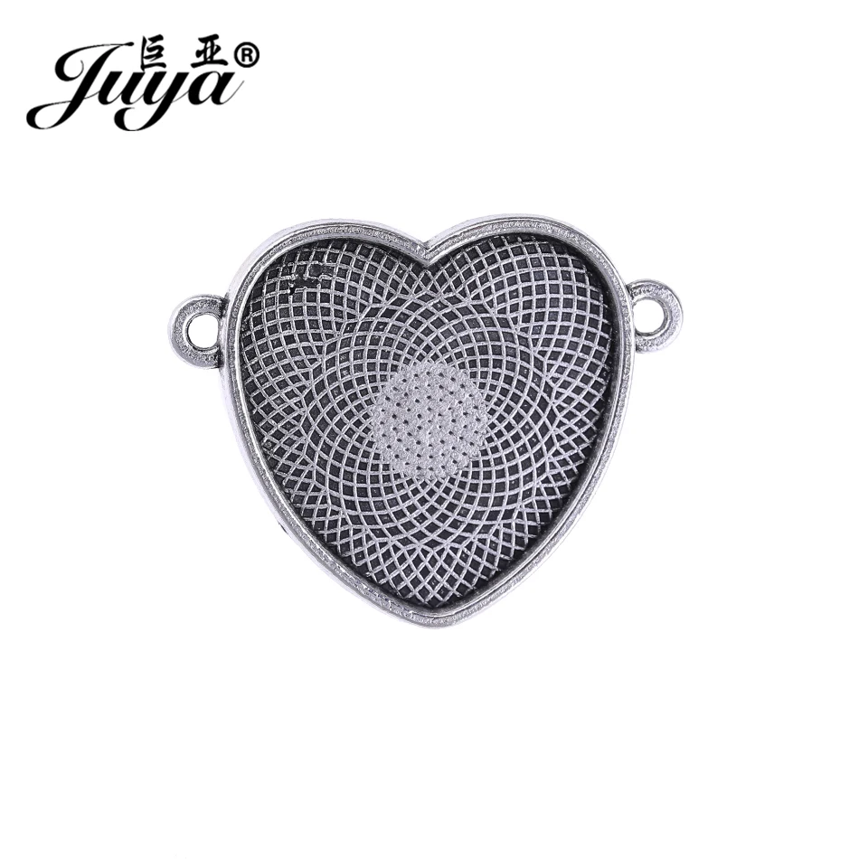

JUYA 25mm Connector Cabochon Pendant Charms Tray Blank 10pcs/lot Alloy Vintage Heart Cameo Glass Cabochons Base Setting AD01020