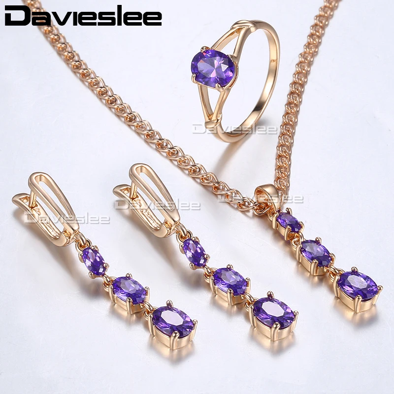 Davieslee Jewelry Set For Women Paved Purple Stone 585 Rose Gold Filled