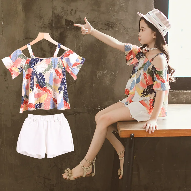 

New girl short sleeve flower tee t shirts+ shorts kids teenage 6 8 10 12 girl summer fashion clothing 2pcs set suit dress