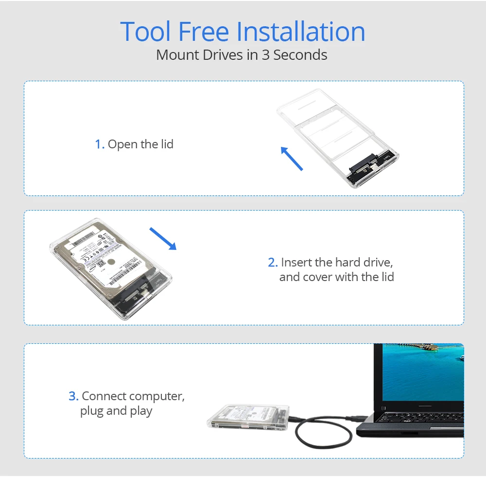 TISHRIC Новые прозрачные USB3.0 Тип-C SSD Дело адаптер DVD HDD кассета SATA Optibay 9,5 мм 2,5 дюйма Box жесткий диск корпус