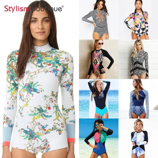 US $19.18 2019 One Piece Swimsuit Rashguard Printed Long Sleeve Swimsuit Rash Guard Women Swimwear Surfing Sw
