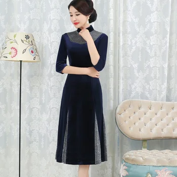 

Robe De Soiree Dubai 2019 Sequin Mandarin Collar Ball Gowns Velvet Evening Gown Mother Of The Bride Dresses TS312