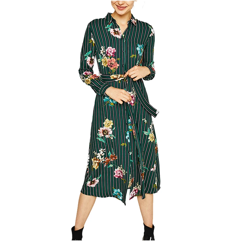 NYMPH Spring Casual Shirt Dress Stripe Printing Women Dresses Long