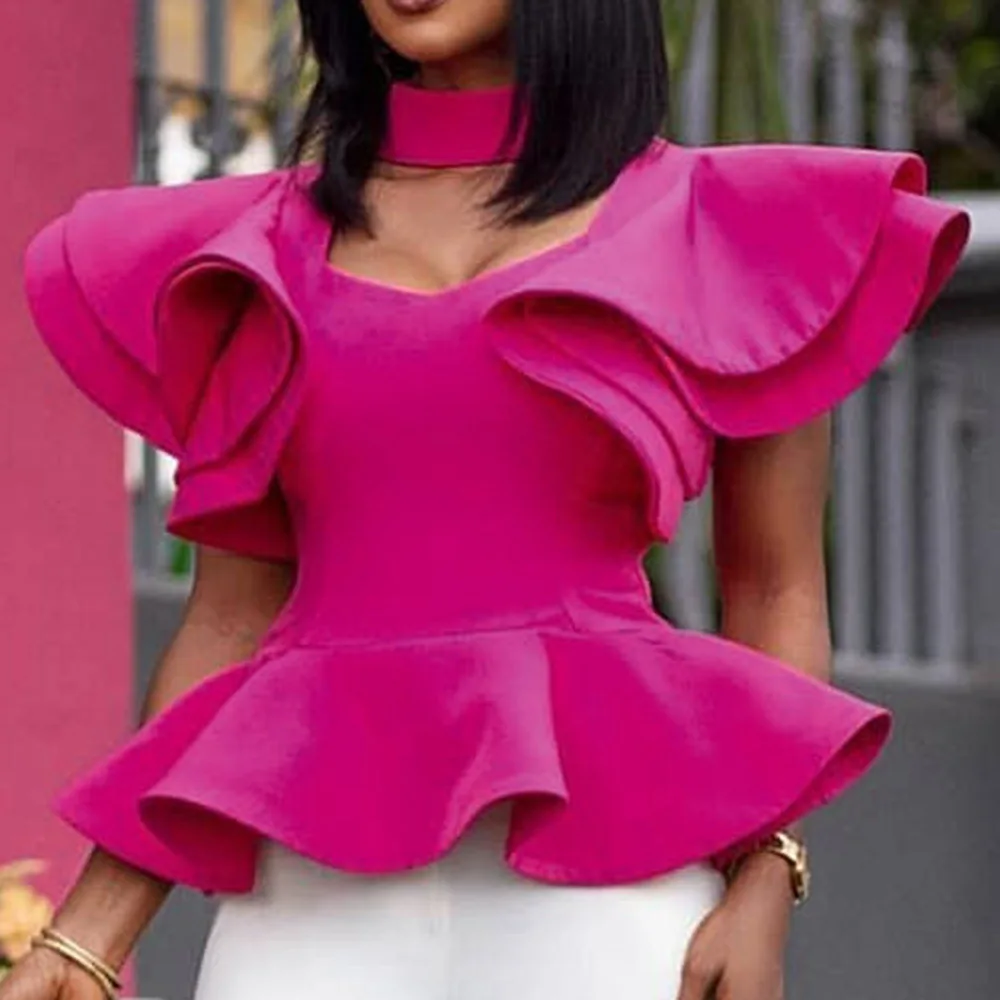 Африканские женские Топы Блузки летние простые Falbala с коротким рукавом блузки рубашки офисные женские розовые элегантные женские рубашка с лепестками - Цвет: ROSE