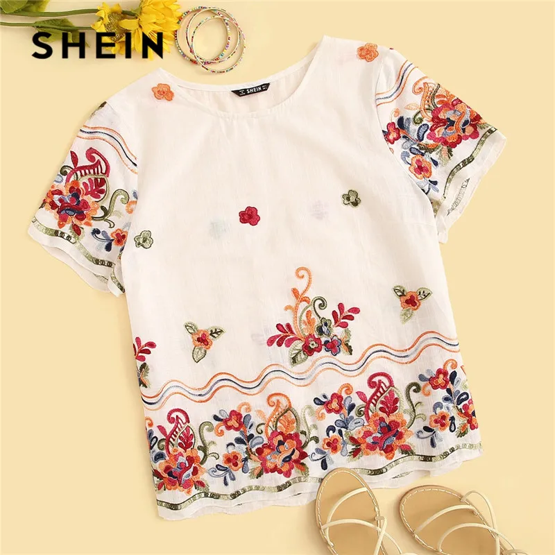 SHEIN белая блузка с цветочной вышивкой, Женские топы и блузки, Boho, хлопковая блуза с круглым вырезом и коротким рукавом,, женские топы