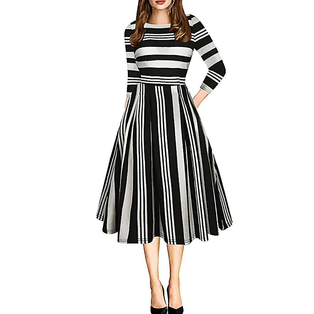 

Dress 2019Top Fashion Womens Vintage Patchwork Pockets Puffy Swing Print Casual Party Dress