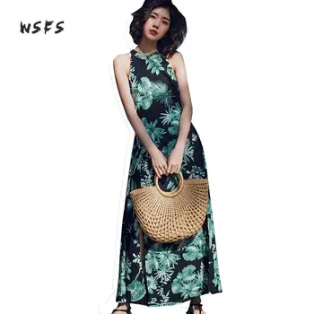 

Summer Leaf Printed Lace Up Beach Dresses Chiffon Halter Off Shoulder Backless Women Dress Sexy Patry Long Maxi Dress Vestidos