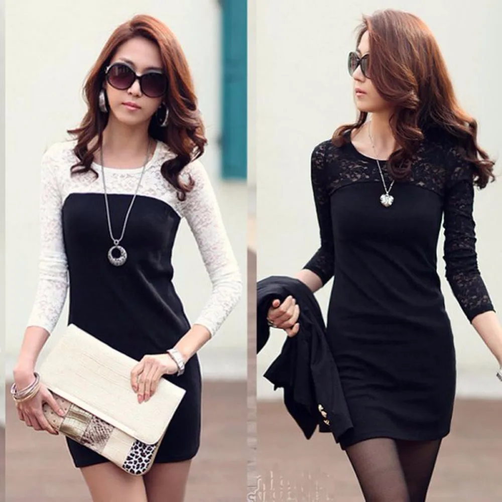 Vestidos Womens Sexy Lace Splice Package Hips Slim Skinny Mini Dress Long Sleeve Bodycon Office Lady Dress CY1015