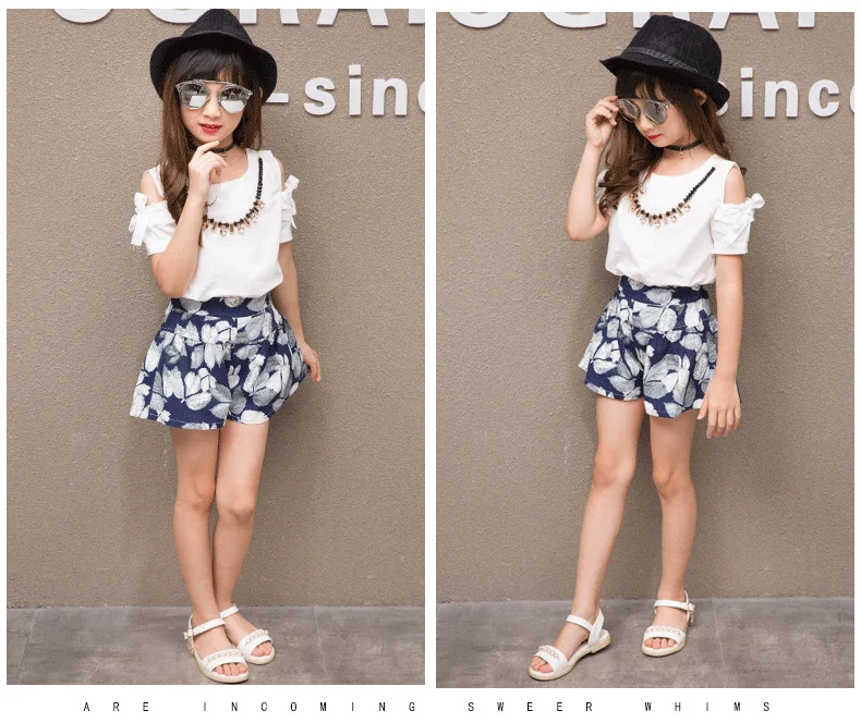2019 Summer Girls Clothing For Teenage Short Sleeve Shirt Print Shorts Cotton Linen Kids Clothes Sets Fashion 2Pcs Children Suit (6)