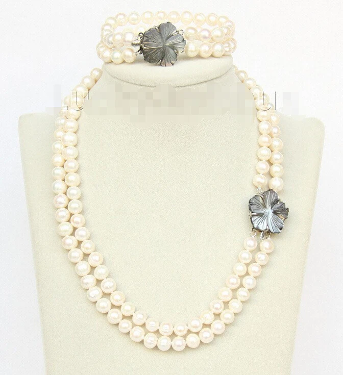 

shipping 18" 8" 2row 9mm round white pearls necklace bracelet set seashell clasp j9978 (A0423)