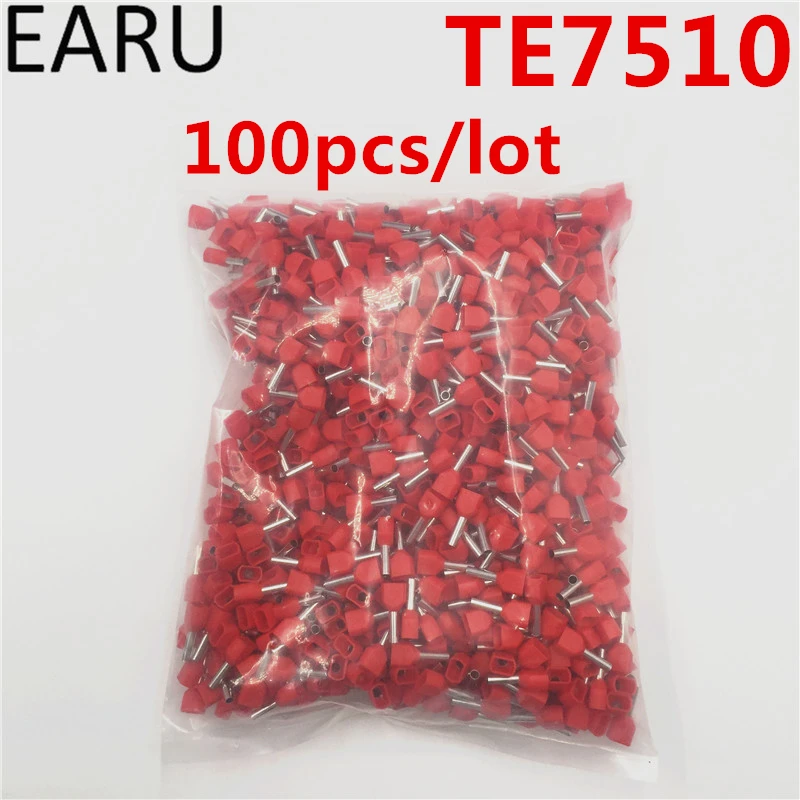 

100PCS E Tube TE7510 Type Double Pipe Insulated Twin Cord Cold-press Terminal Block Connector Needle End Multicolor 2X0.75mm2