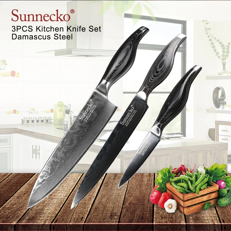 

SUNNECKO 3PCS Kitchen Knives Set Chef Slicing Paring Knife Damascus Steel Japanese VG10 Cut Knives Wood Handle Cooking Tools