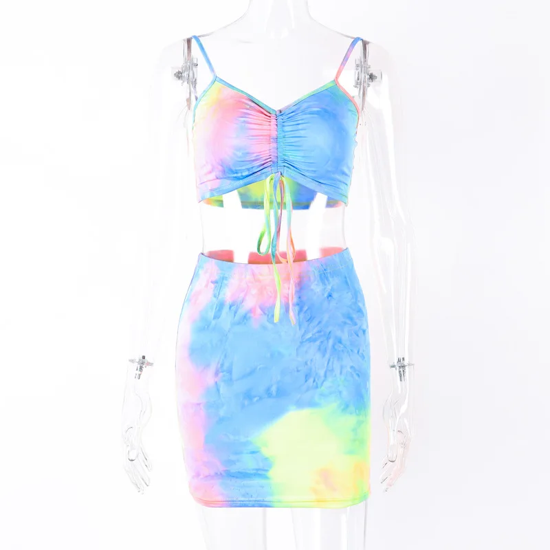Online OMSJ Frauen Neue Sommer 3D Druck Tie Dye Spaghetti trägern V Neck Camis Crop Top und Mini Röcke Strand Bade 2 stück Trainingsanzüge