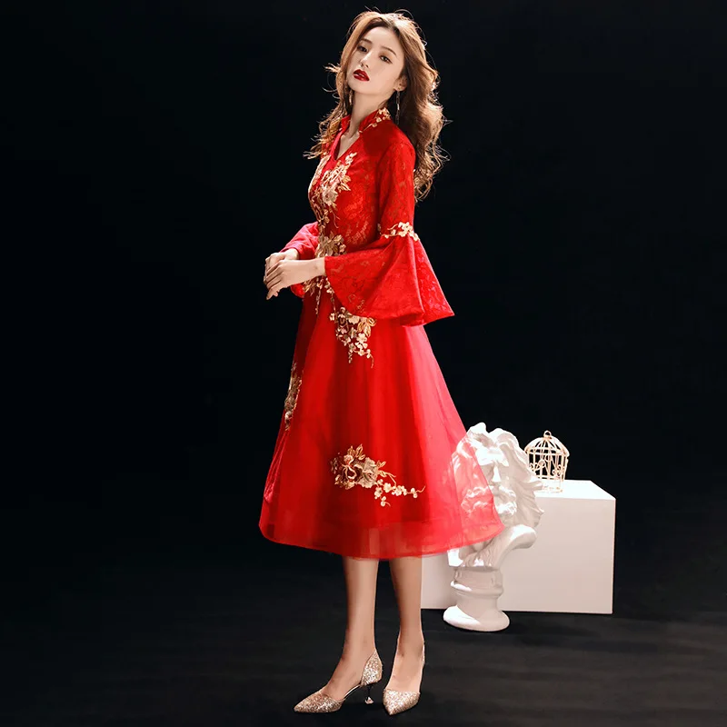 Вышивка китайский Восточный Свадебный Женский Благородный Cheongsam винтажное Элегантное Вечернее Платье Современные праздничные платья знаменитостей - Цвет: red A