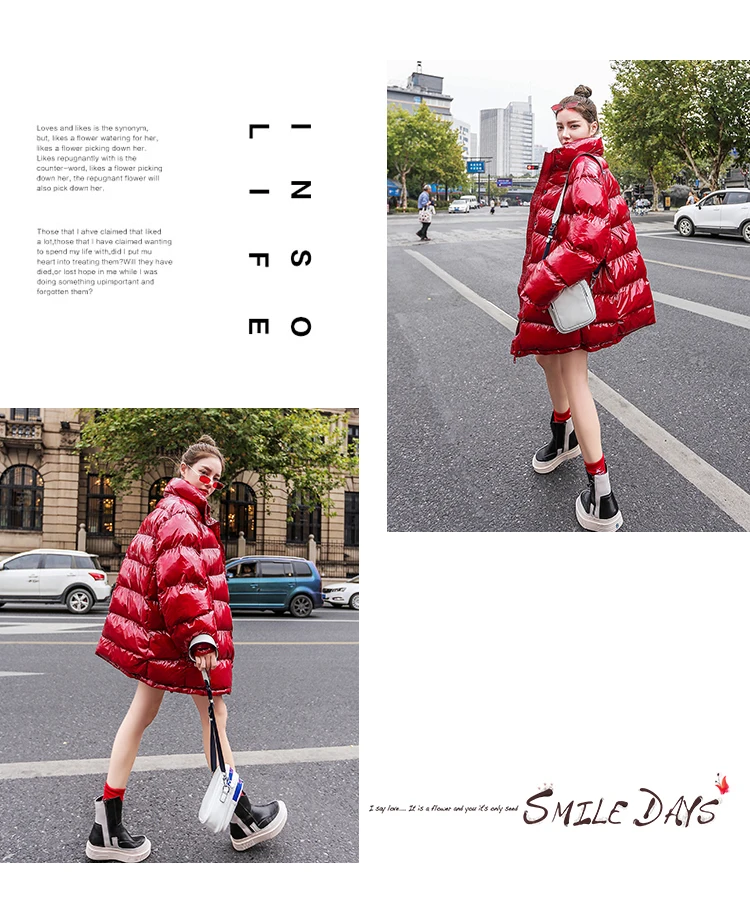 Плюс Размер Свободный пуховик женская одежда зимнее пальто толстая теплая хлопковая парка Корейская яркая металлическая красная верхняя одежда Okd646
