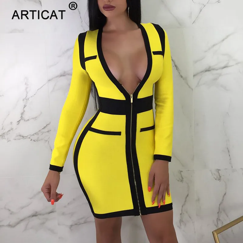 MoYan Желтый Глубокий V шеи Сексуальная Bodycon платье Для женщин с длинным рукавом на