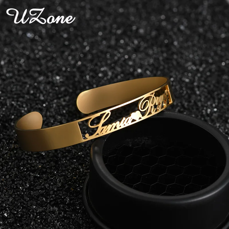 

UZone Personalized 10mm Hand Link Letter Bangles Custom Name Stainless Steel Bracelets for Men Women Gifts