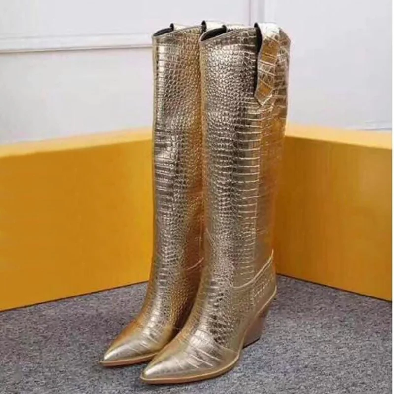 Бренд vankaring/Дизайнерские ковбойские женские модельные туфли на высоком толстом каблуке; сезон осень-зима; женские зимние ботинки с острым носком - Цвет: gold