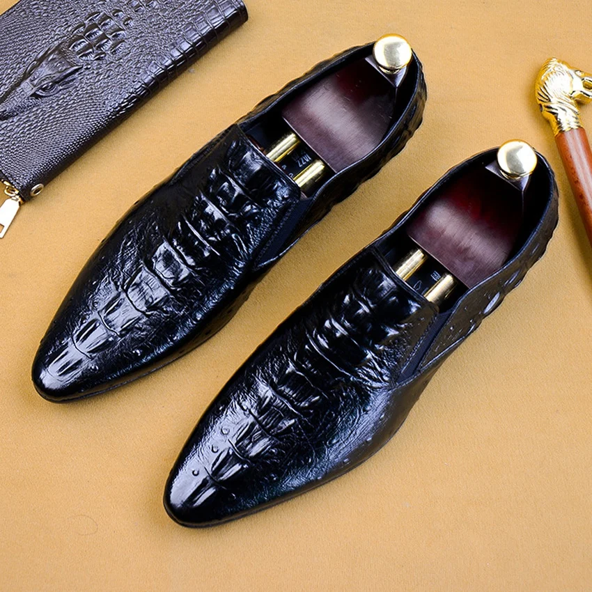 

Luxury Designer Genuine Leather Formal Dress Men's Shoes Pointed Toe Slip on Alligator Pattern Casual Loafers For Male AS103