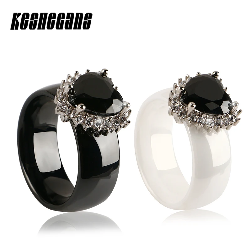 New Design Luxurious Black Heart Shape Rhinestone Ceramic Ring For Women Lady Sumptuous Crystal Jewelry Wedding Party Gifts | Украшения и