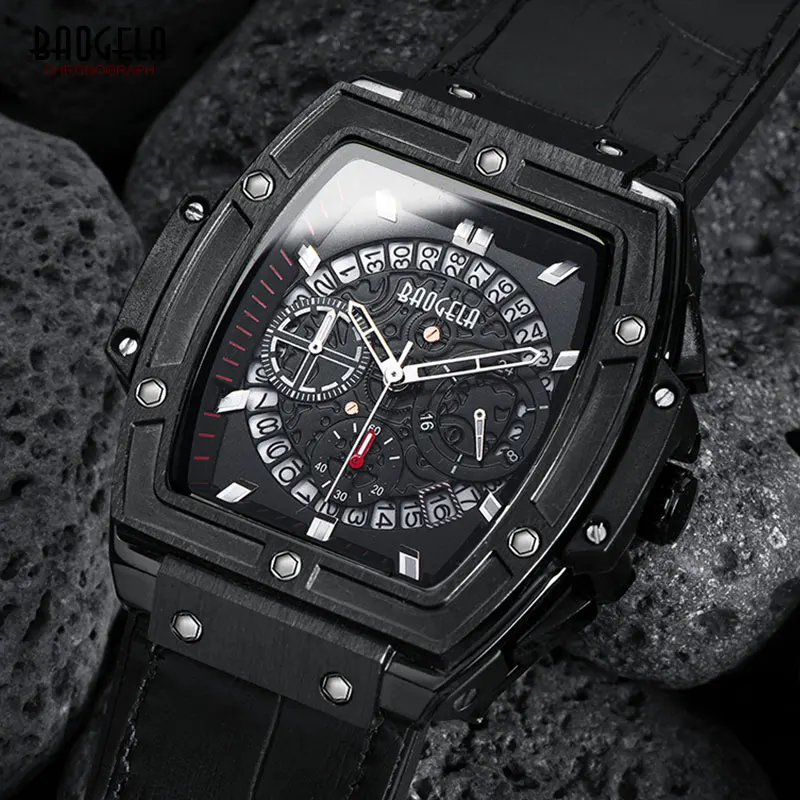 

New BAOGELA Men's Sports Chronograph Quartz Watches Fashion Leather Strap 24-hour Display Army Wristwatch for Man 1703Black