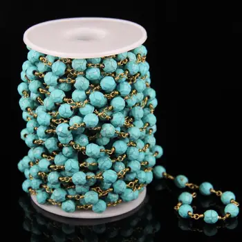 

8mm Wholesale Faceted Round Blue Turquoises Beads Chains,Plated Howlite Stone Wire Wrapped Links Rosary Chains Beads Bracelet