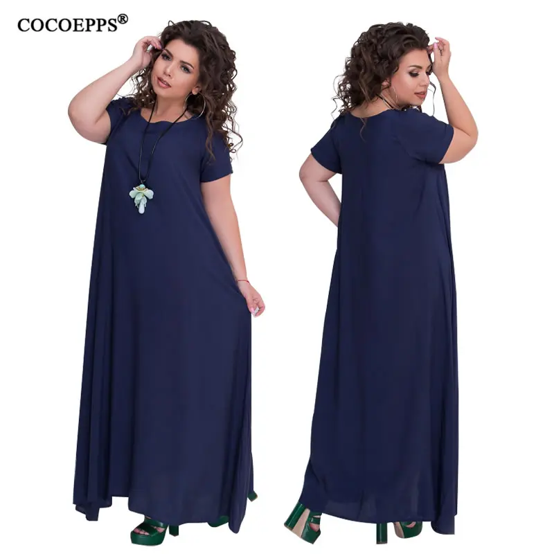 COCOEPPS, новинка размера плюс, винтажное платье, одноцветное, свободное, длинное платье для женщин, лето, большой размер, повседневное, свободное, макси платье, Vestidos, синее