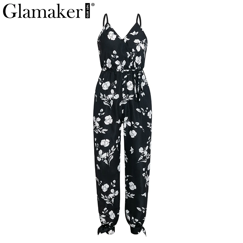 Glamaker Floral print women jumpsuit&romper Sexy V neck backless boho jumpsuit Women split belt spring party playsuit overalls