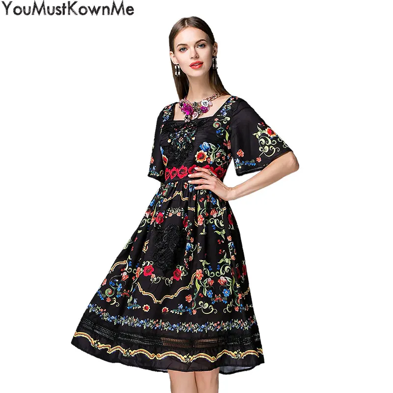 

2019 designer runway dress summer square collar short sleeve elegant floral print dress ladies vintage dresses good quality