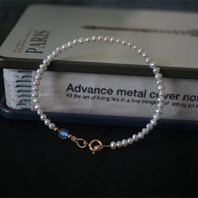 Natural AA White Nearround Pearl Labradorite 6mm 925 Sterling silver Bracelet 7 8