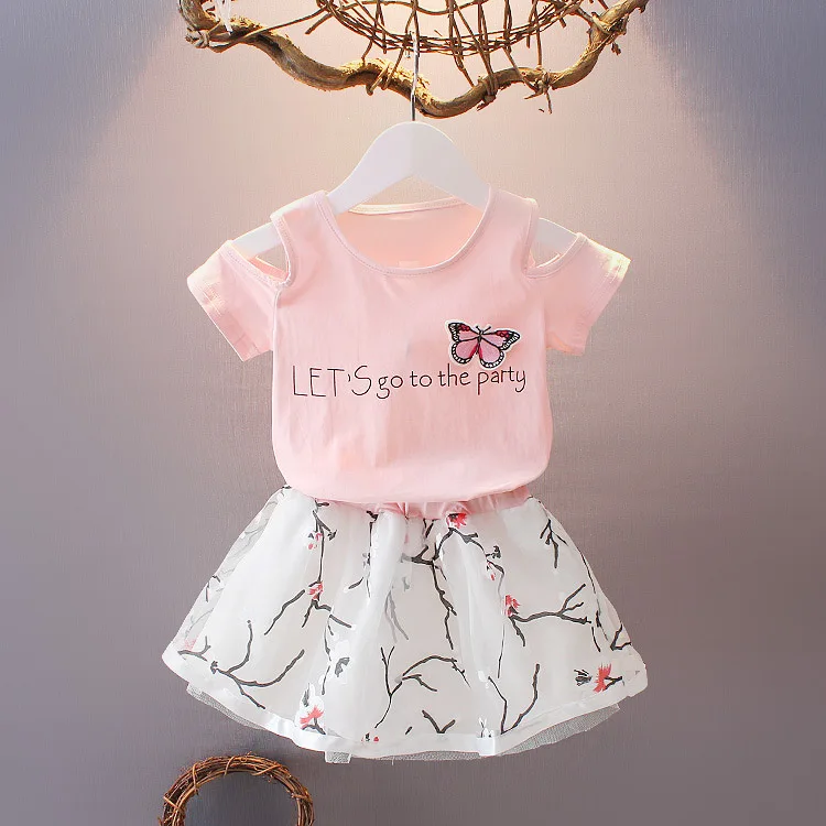 

Children Girls Casual Summer Letter Print Short Sleeve T-shirt+Mini Skirts Suits 2Pcs Costume Set