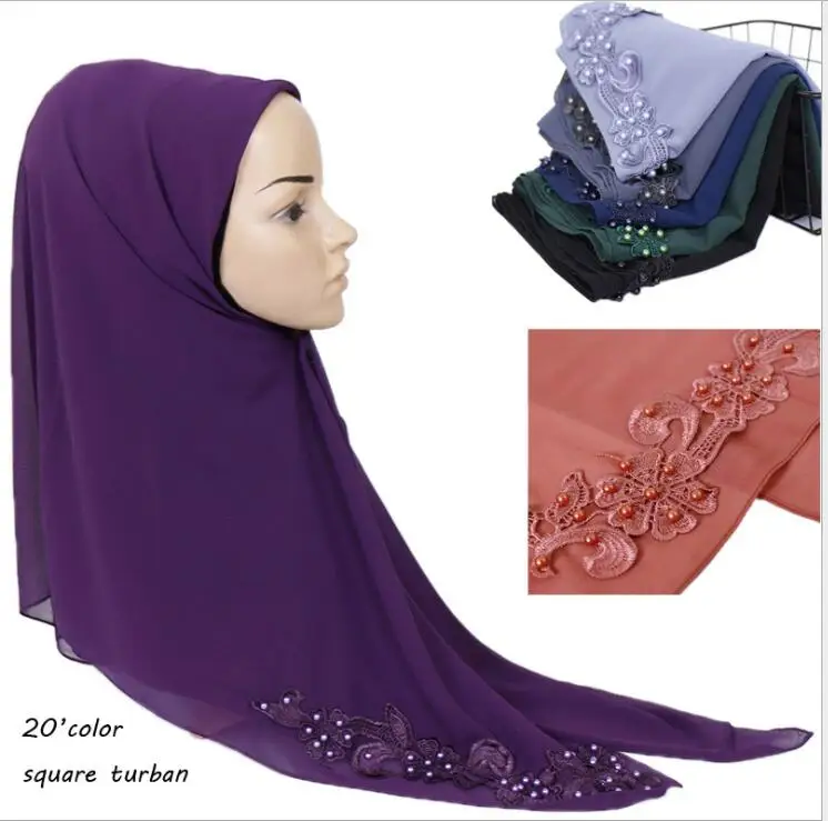 

Premium Chiffon Square Head scarf Muslim Hijab With Equivalent Embroidery Floral Fashion Headwrap Islam Modesty Turban Bawal